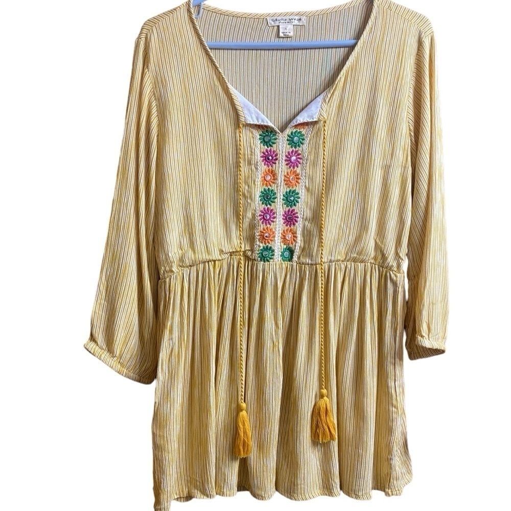 Studio West Apparel Yellow Striped Daisy Floral Babydoll Tunic Size Small